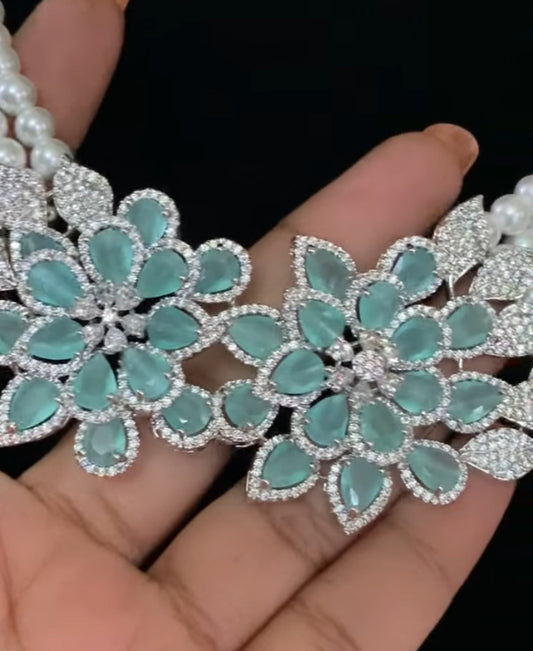 AD Mint Green Moti Necklace With Earrings | AD Rhodium Pearl Necklace | Gift Idea
