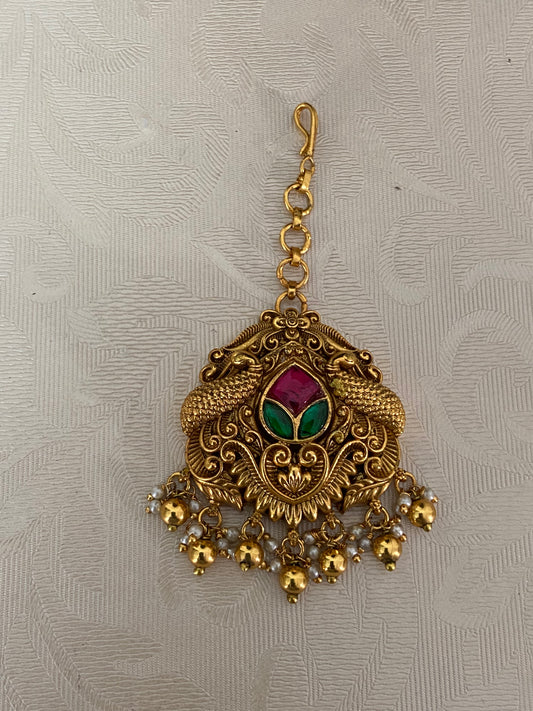 Antique Peacock Maang Tikka | Traditional Temple Maang Tikka