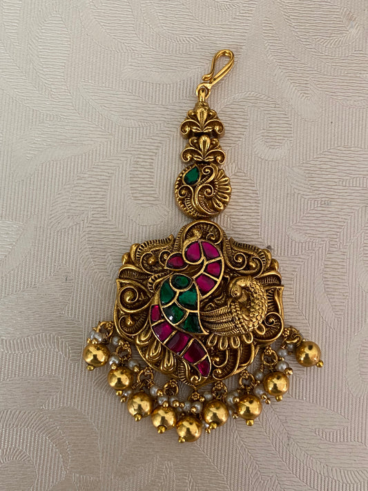 Antique Peacock Temple Maang Tikka | Traditional South Indian Jewelry