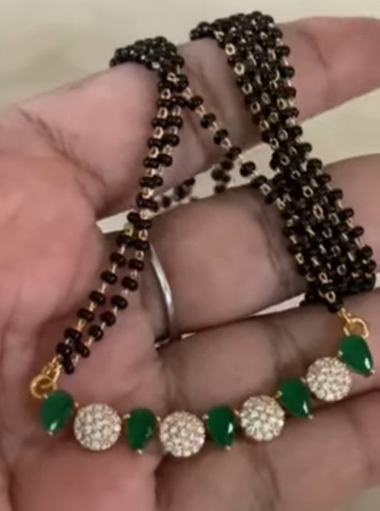 AD Green Pendant BlackBeads Necklace With Studs | Traditional Mangalasutra