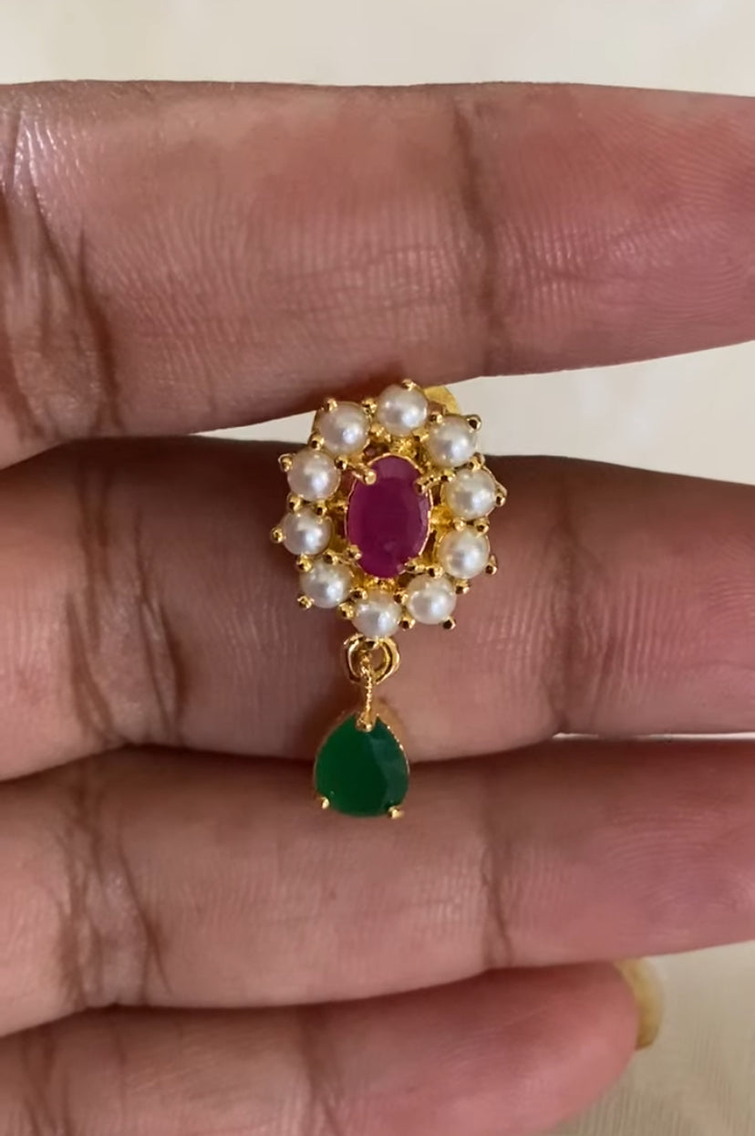 Pearl Ruby Green Pendant Mangalasutra | Black Beads Necklace With Earrings