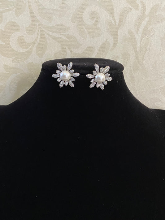 Rhodium CZ Pearl Tops | Indian Stud Earrings
