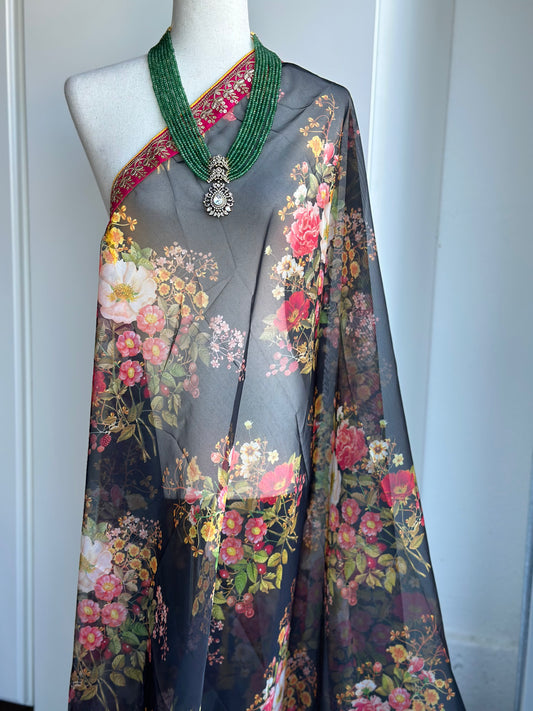 Black Floral Organza Dupatta | Partywear Dupatta