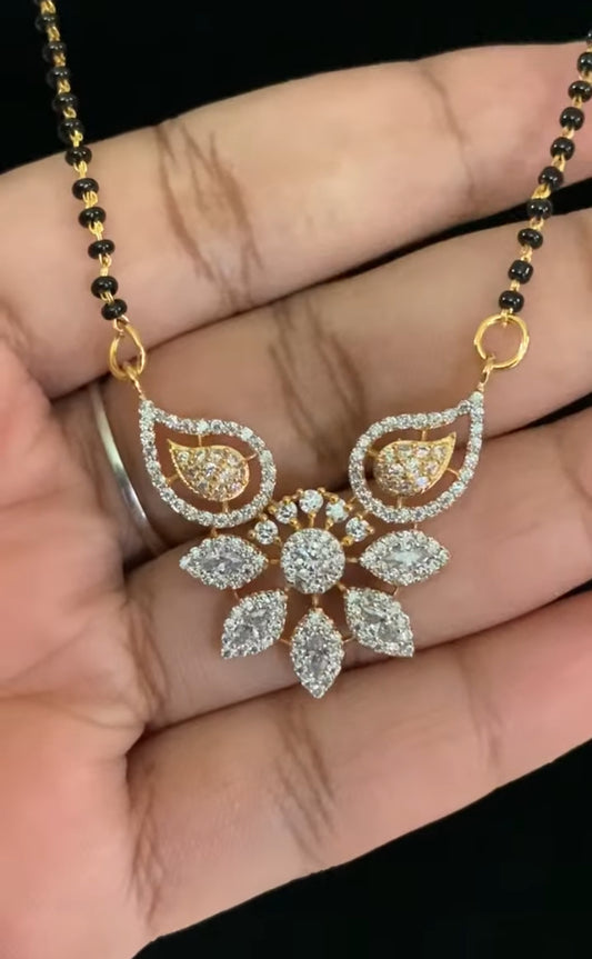 AD Rhodium & Gold Pendant Black Beads | Traditional Mangalasutra