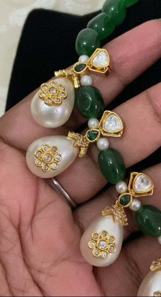 Green Beads Pearl Drop Kundan Necklace Set | Indian jewelry In USA