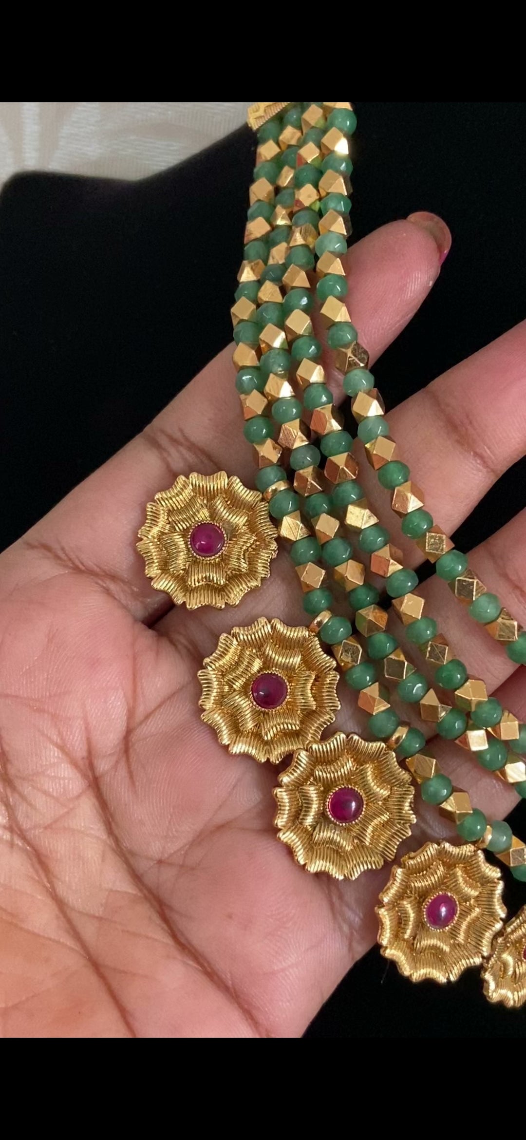 Antique Gold & Green Beads Flower Drops Necklace With Jumkis | Indian Jewelry