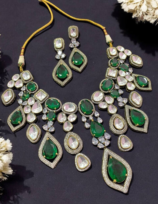 Doublet Emerald & Moissanite Necklace | Indian jewelry in USA