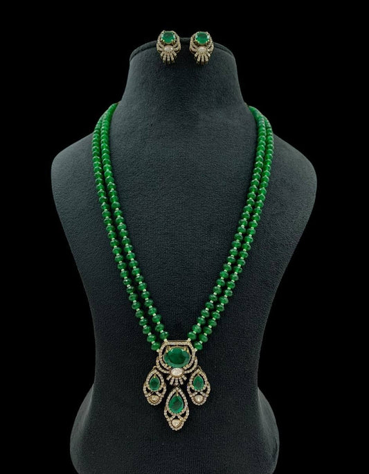 AD Victorian Pendant Onyx Beads Mala Necklace With Earrings