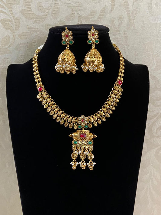 Antique Kundan Necklace with Jumkis | Indian Necklace