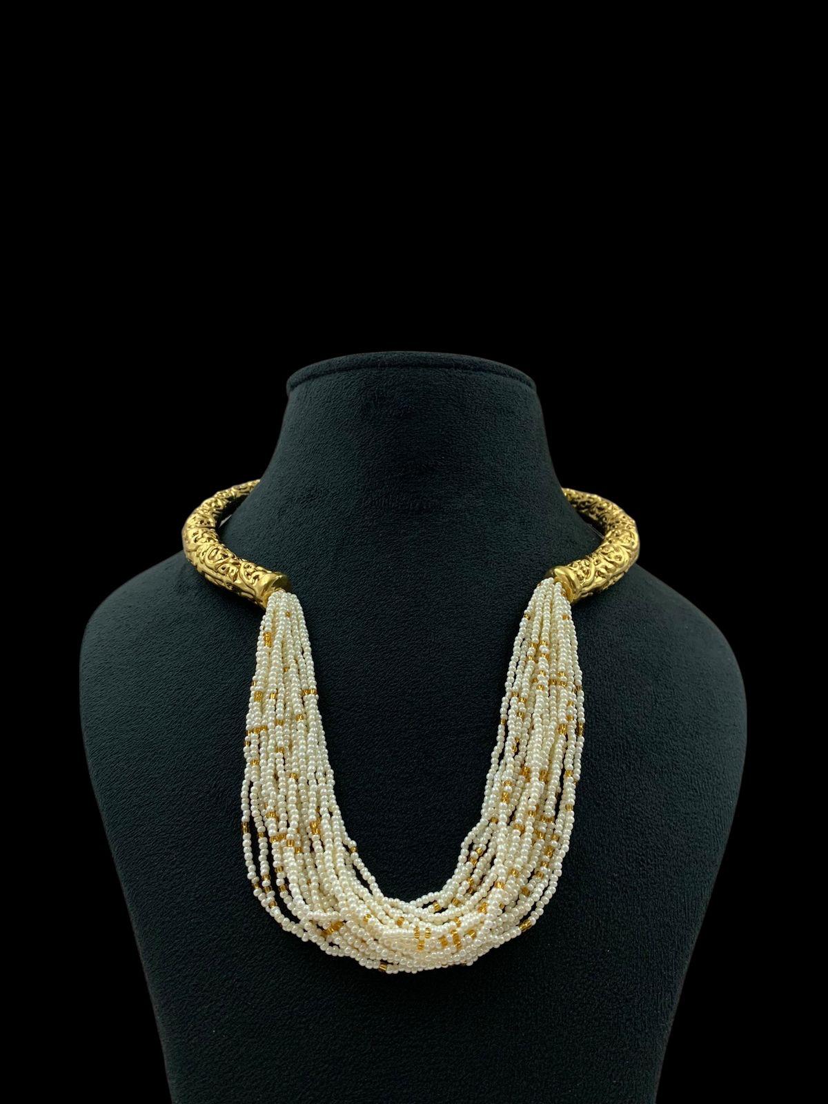 Designer Pearl Necklace | Traditional Pearl Mala with Antique Gold Necklace | Gift Idea