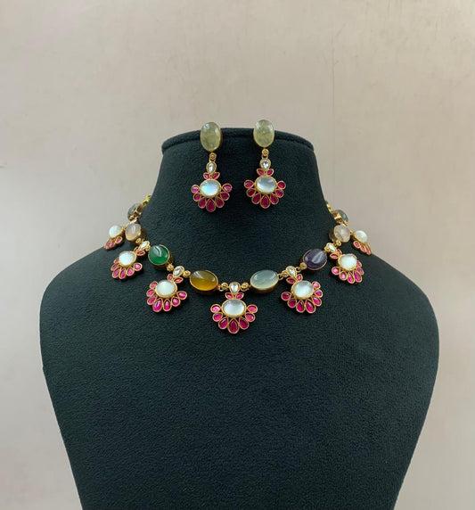 Natural stones Fusion Necklace with Earrings | Indian Designer Necklace