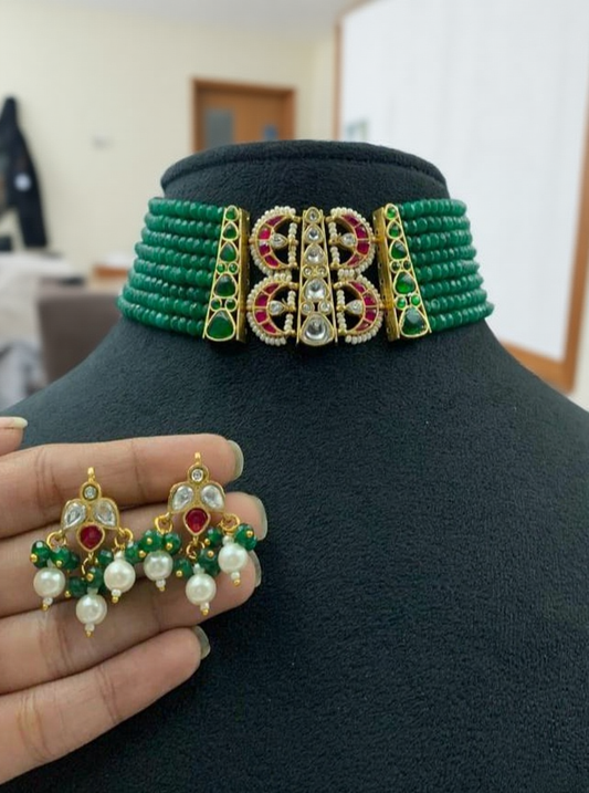 Jadau Kundan Pendant Beads Choker Set |