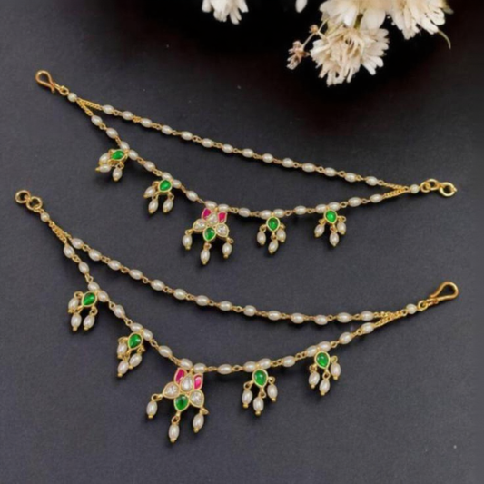 Pearl & Jadau Kundan Champaswaralu | Hair accessories | indian Ear Chains