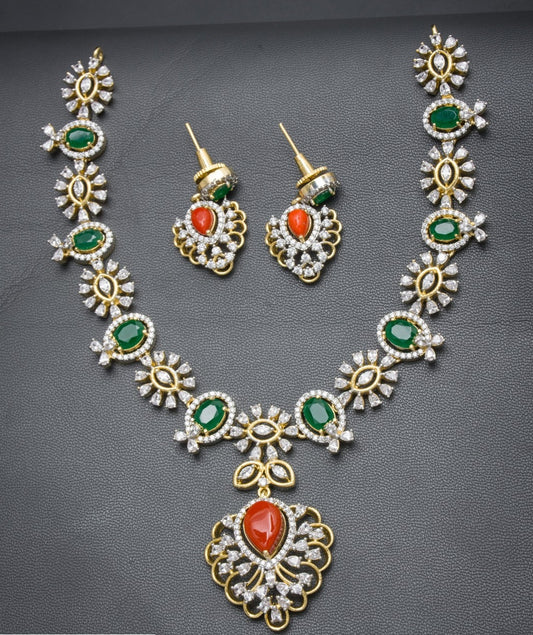 AD Coral & Emerald Necklace With Earrings | Indian Necklace