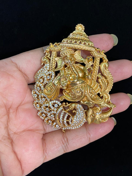 Antique Ganesh Pendant | AD Peacock Ganesh Temple Pendant