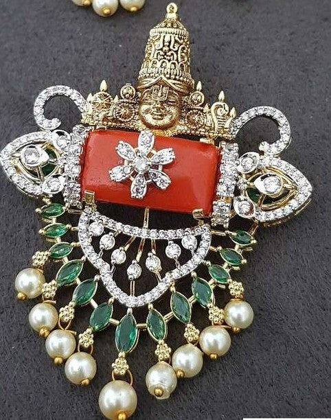 AD Coral Balaji Pendant |  Indian Traditional Pendant With earrings | Gift Idea