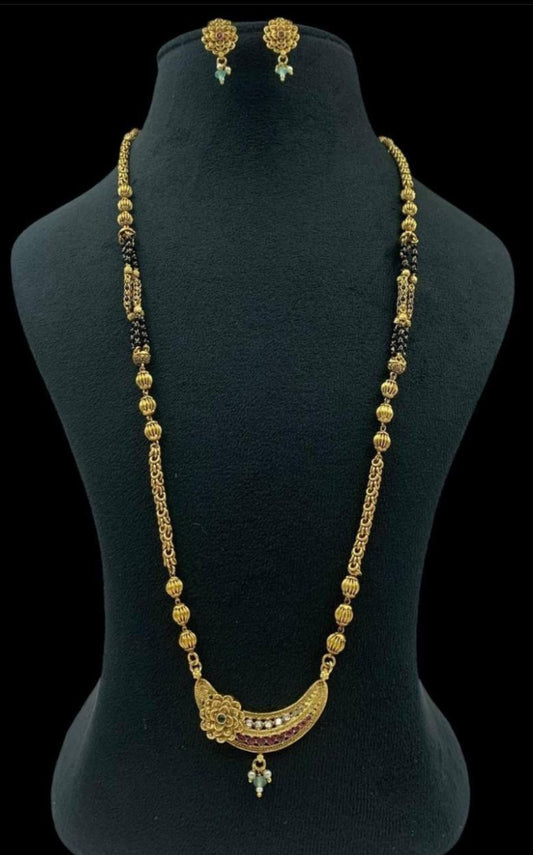 Long Antique Mangalasutra With Earrings | Traditional Black Bead Necklace