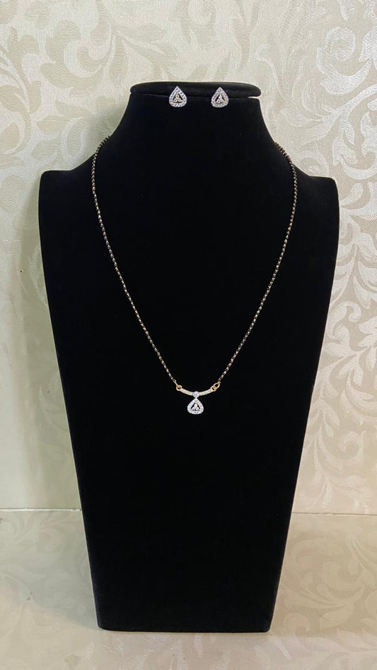 Rhodium Classic Mangalsutra | AD Pendant Black Beads Necklace