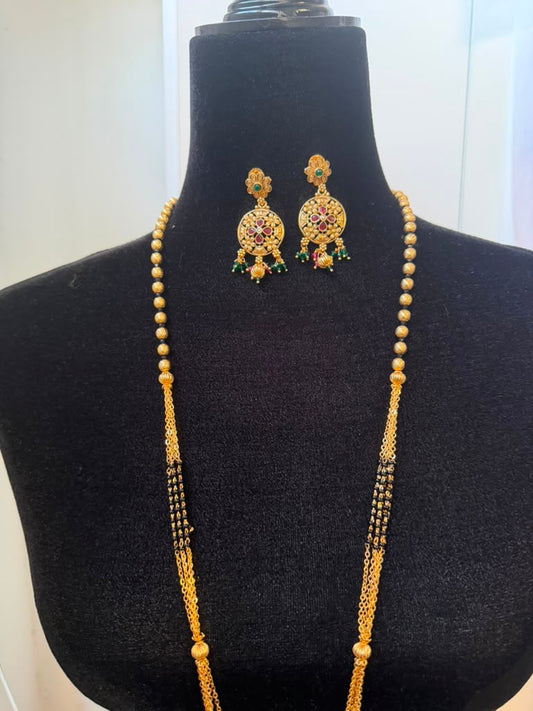 Long Antique Mangalasutra With Earrings | Traditional Black Beads Necklace