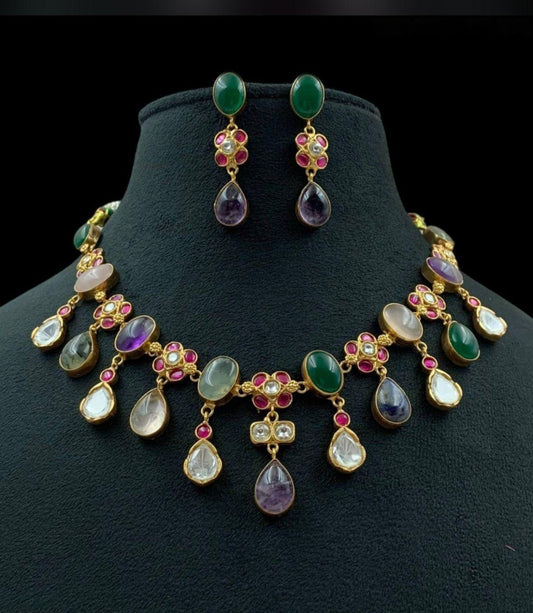 Natural stones Fusion Necklace | Moissanite &  Kundan Necklace