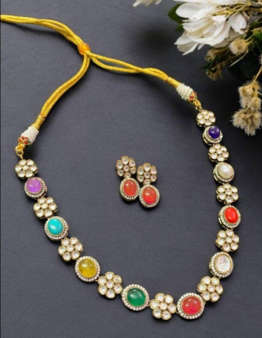 Premium Victorian Polki Navratan Kundan Necklace Set | Exclusive Necklace