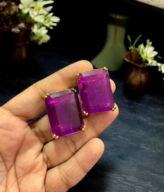 Amethyst Rectangular Large Cut Stone Earrings