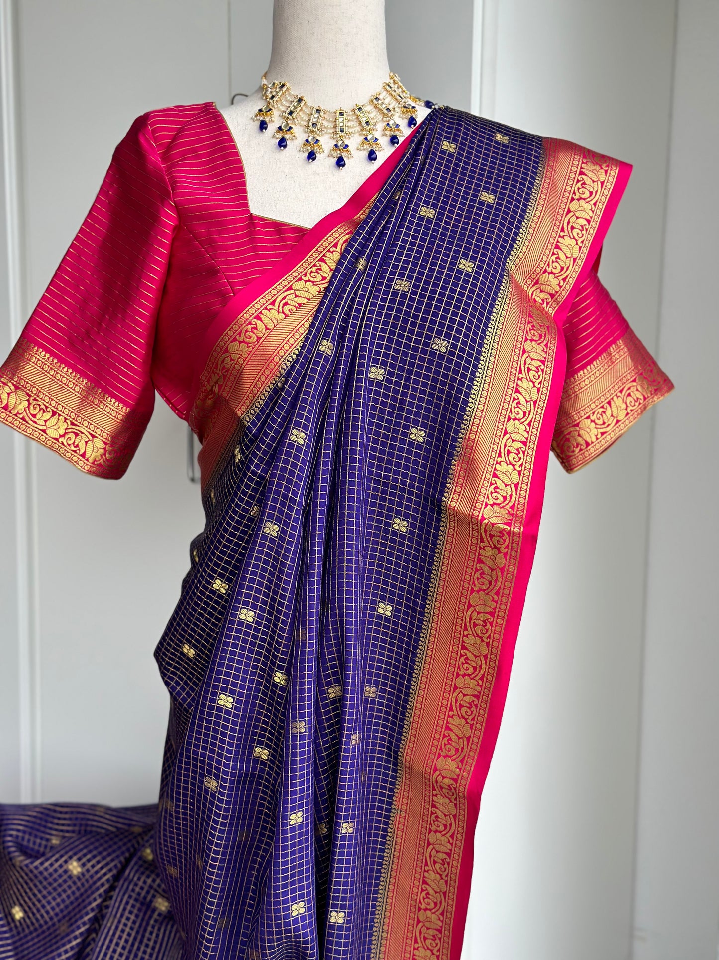 Blue & pink Mysore crape silk saree | Silkmark certified saree