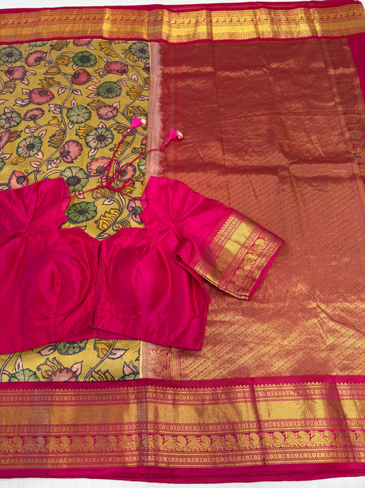 Pure Gadwal Kalamkari Kanchi Border Pattu Saree | Fusion Silk Saree | Indian Traditional Saree.