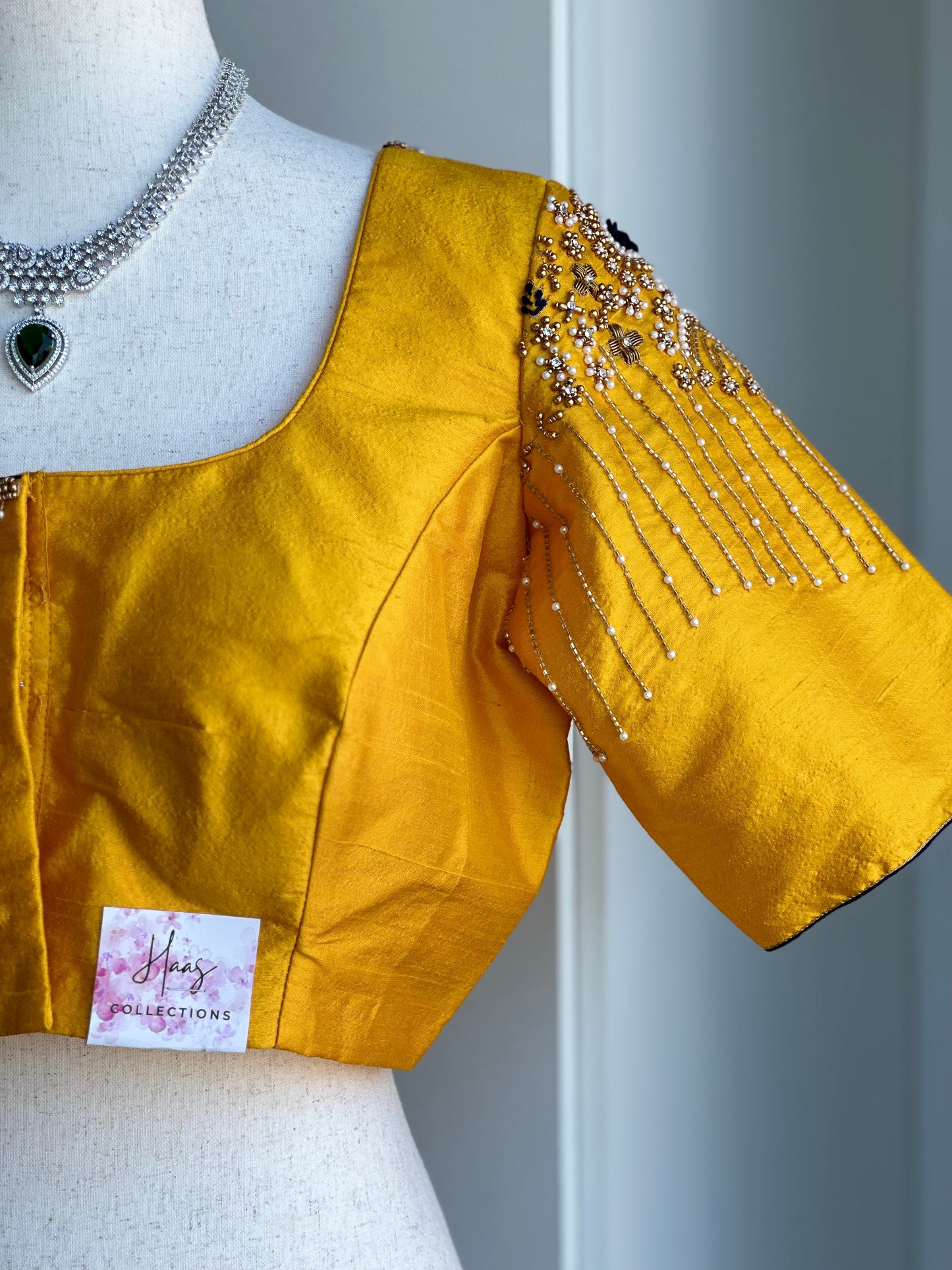 Yellow embroidery rawsilk blouse | Readymade embroidery blouses in USA | Bridal blouses in USA