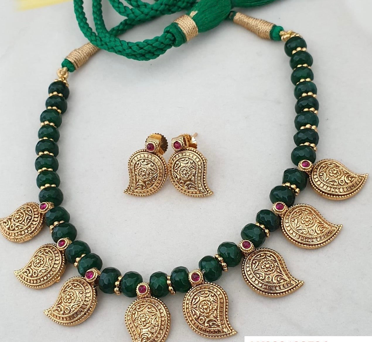 Antique Mango Pendants Green Beads Necklace | Beautiful Necklace Set