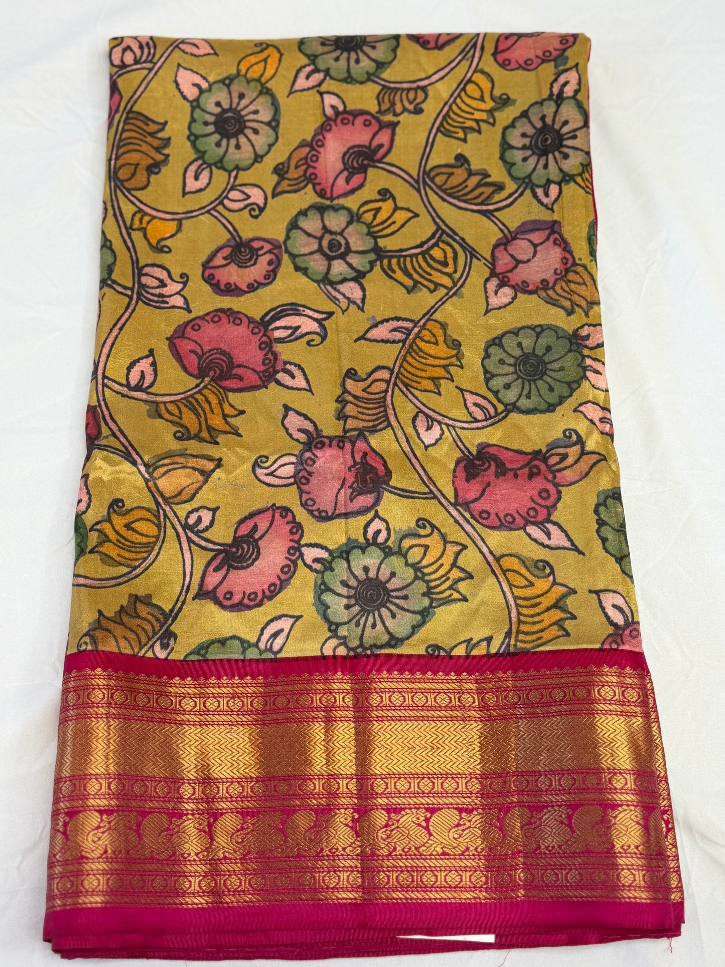 Pure Gadwal Kalamkari Kanchi Border Pattu Saree | Fusion Silk Saree | Indian Traditional Saree.