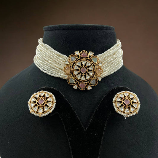 AD Kundan Pendant Pearl Choker with Studs | Indian Necklace