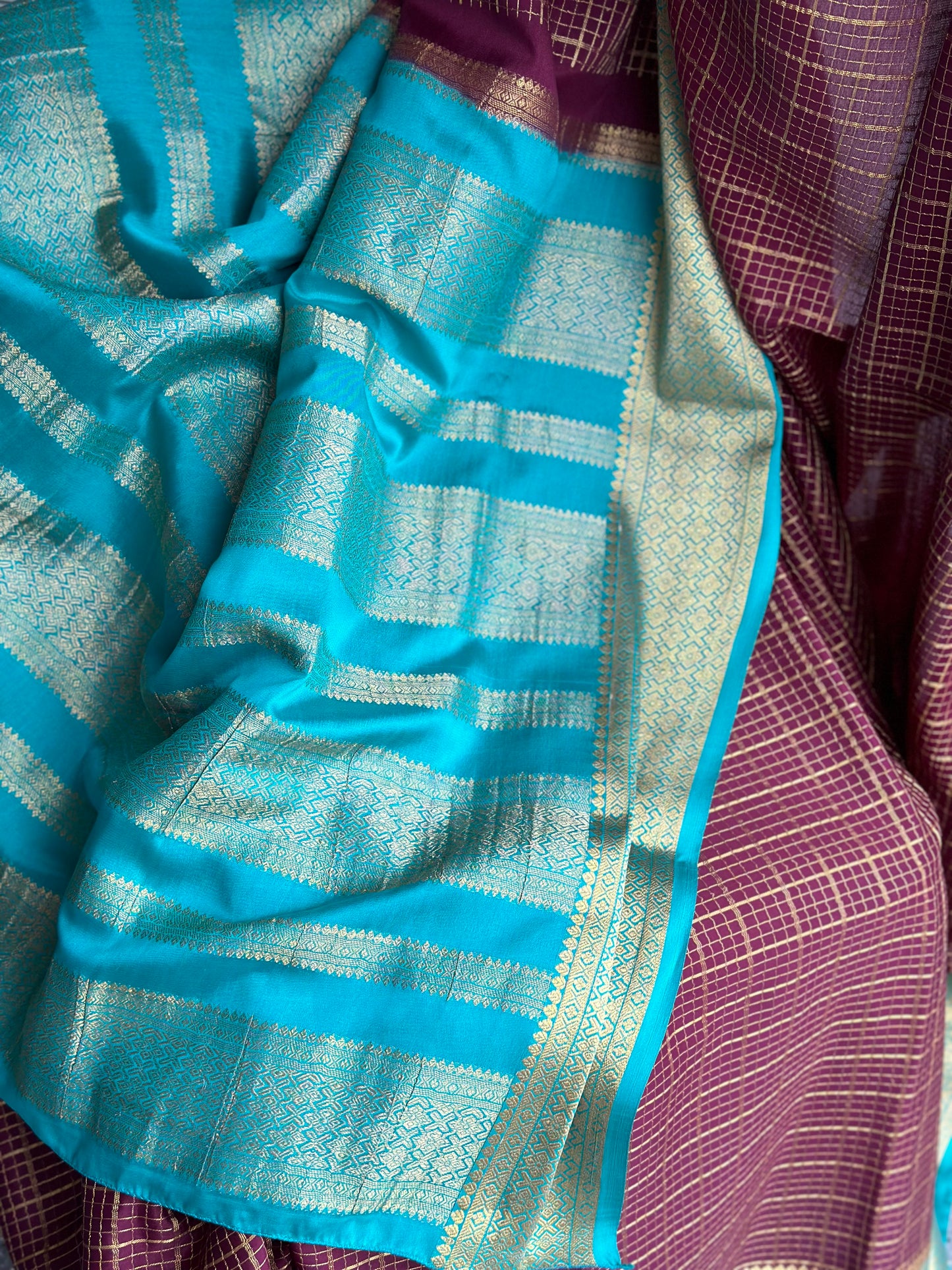 Blue & pink Mysore crape silk saree | Silkmark certified saree