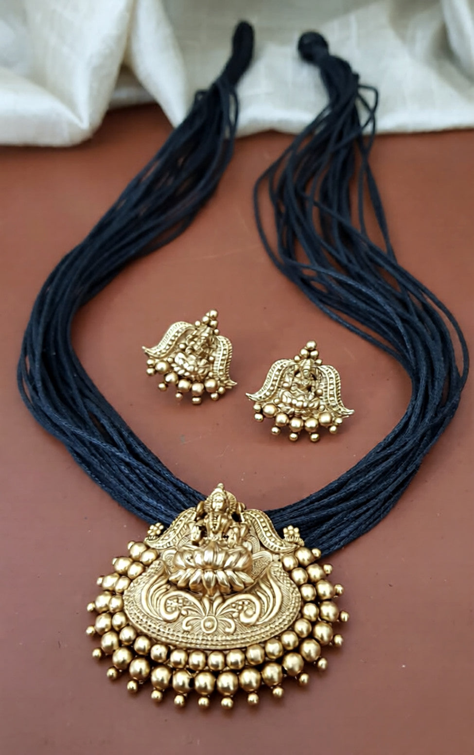 Antique Lakshmi pendant Thread Necklace Set | Indian Necklace