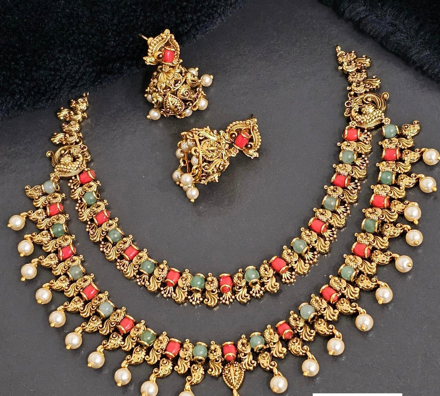 Antique Coral Doubel Layer Necklace With Jumkis | Indian Jewelry In USA