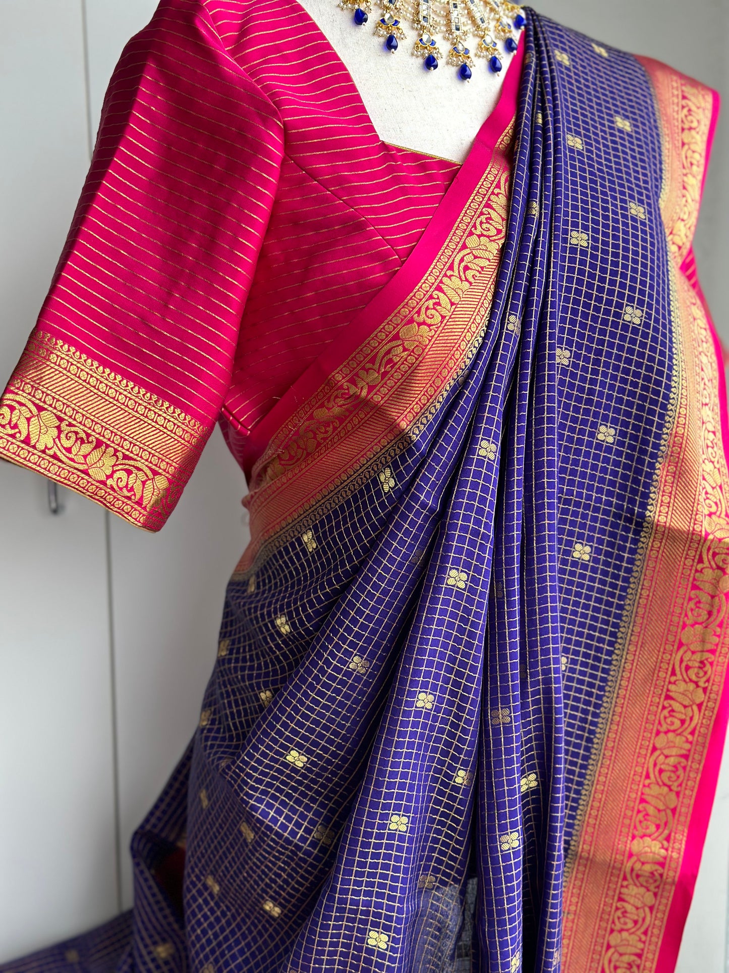 Blue & pink Mysore crape silk saree | Silkmark certified saree