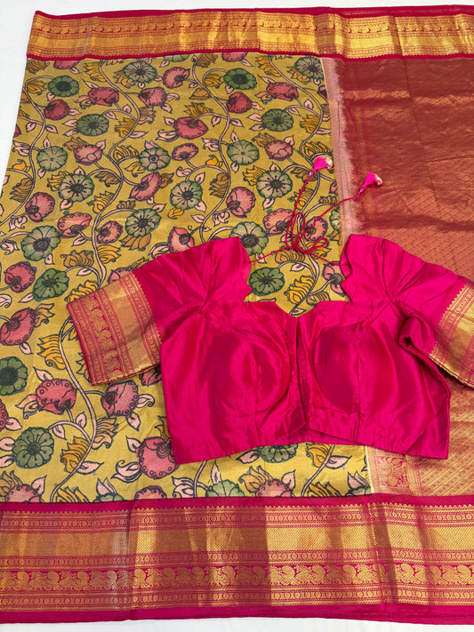 Pure Gadwal Kalamkari Kanchi Border Pattu Saree | Fusion Silk Saree | Indian Traditional Saree.