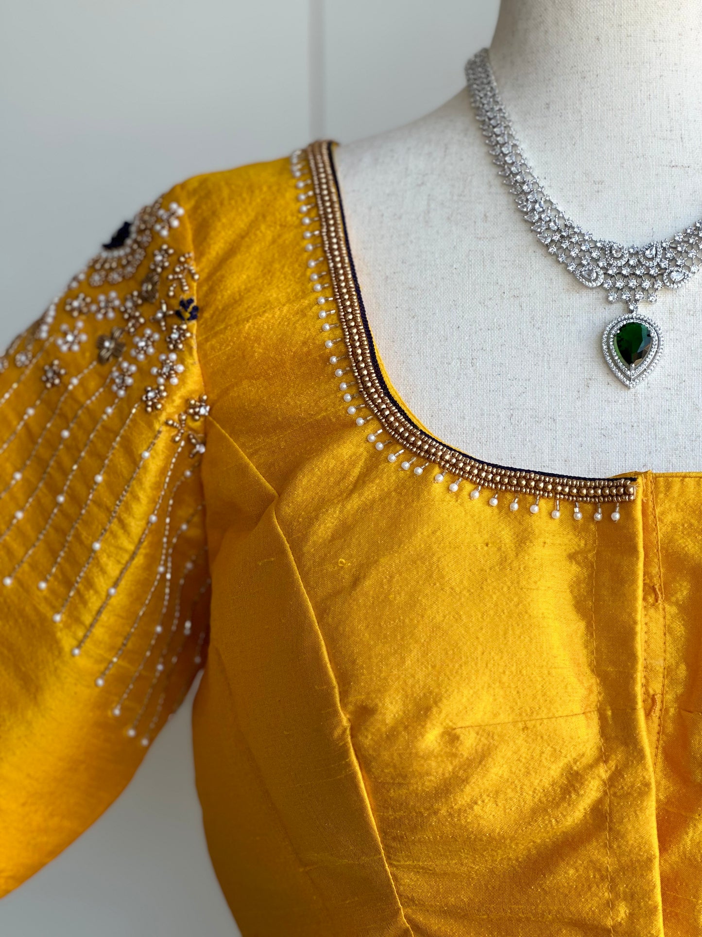 Yellow embroidery rawsilk blouse | Readymade embroidery blouses in USA | Bridal blouses in USA