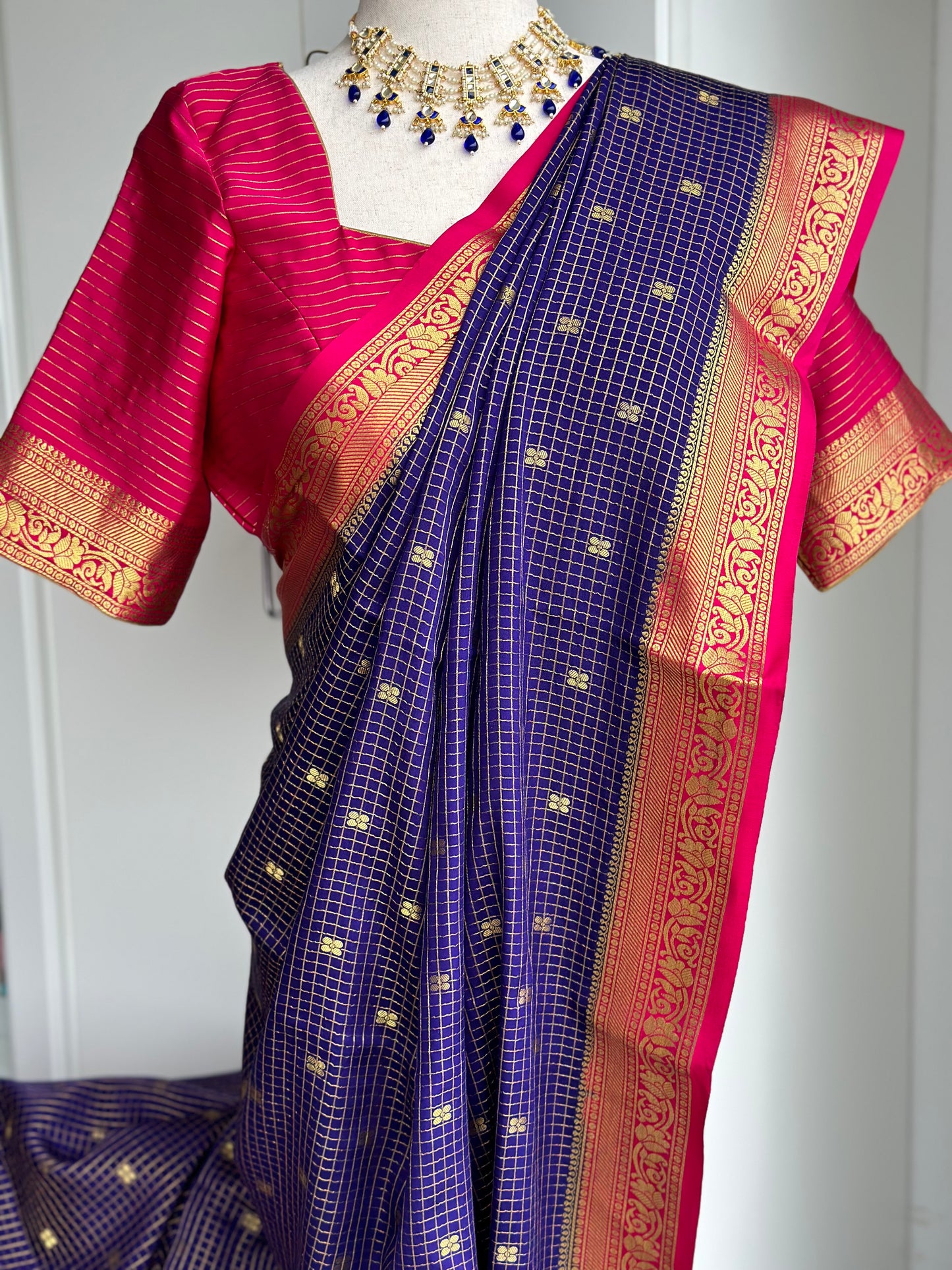 Blue & pink Mysore crape silk saree | Silkmark certified saree