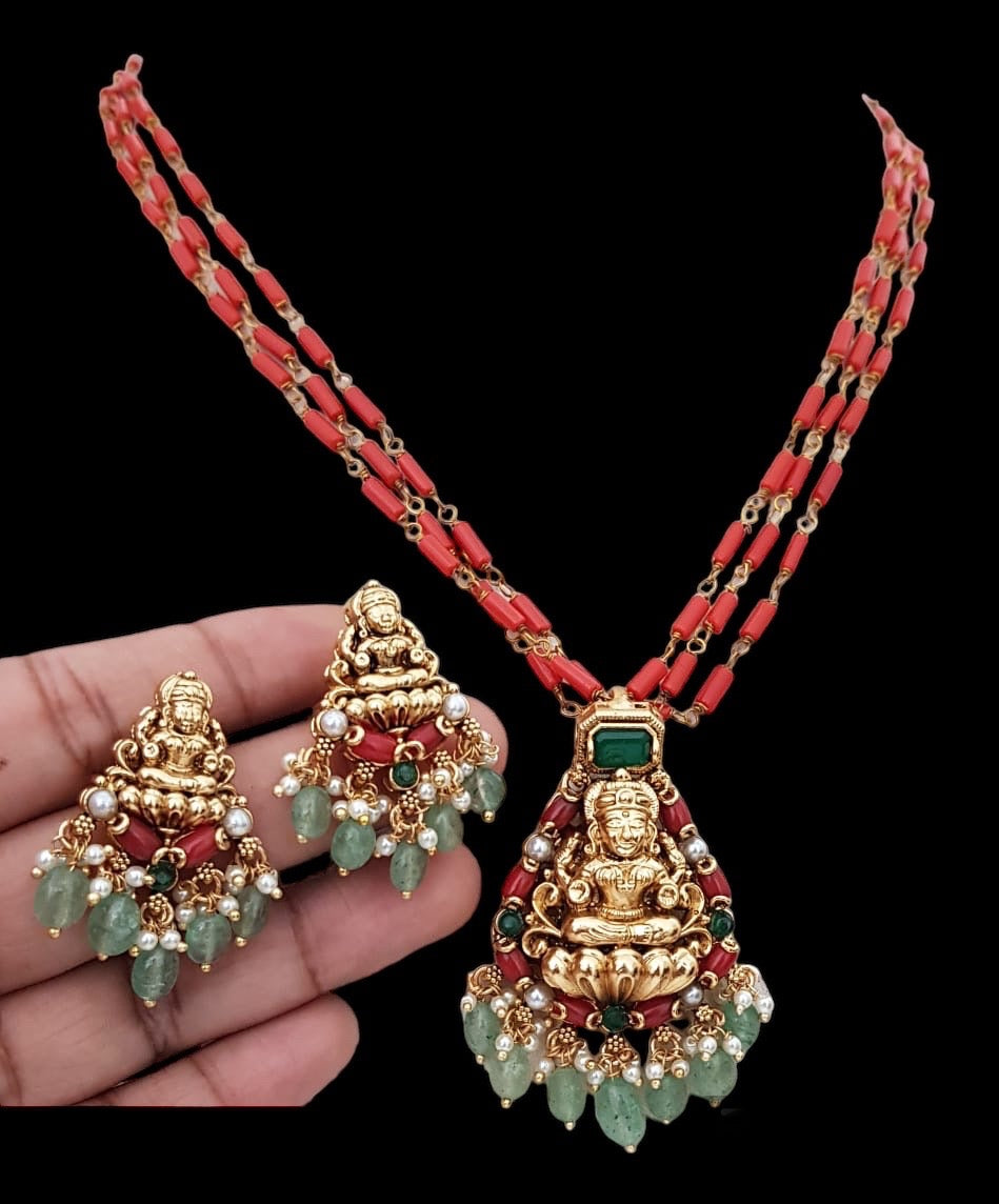 Coral necklace with Laxmi pendant | Temple coral necklace