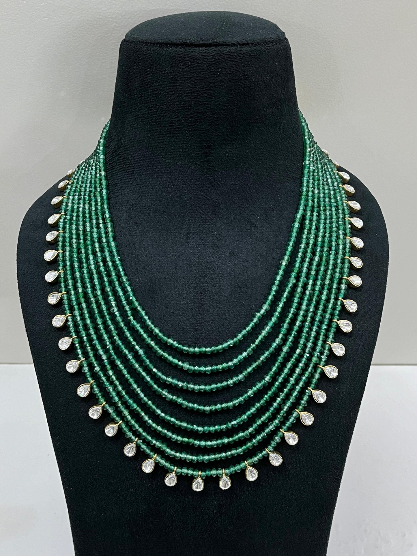 Moissanite & Green  Beads Layered Mala Necklace