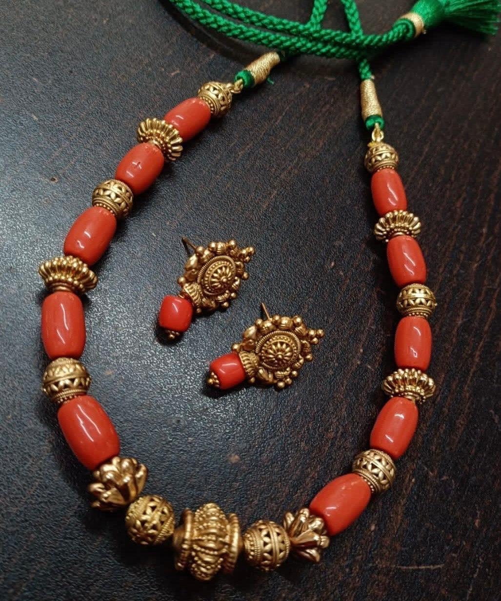 Coral Mala Necklace with Studs | Indian Handmade Jewelry