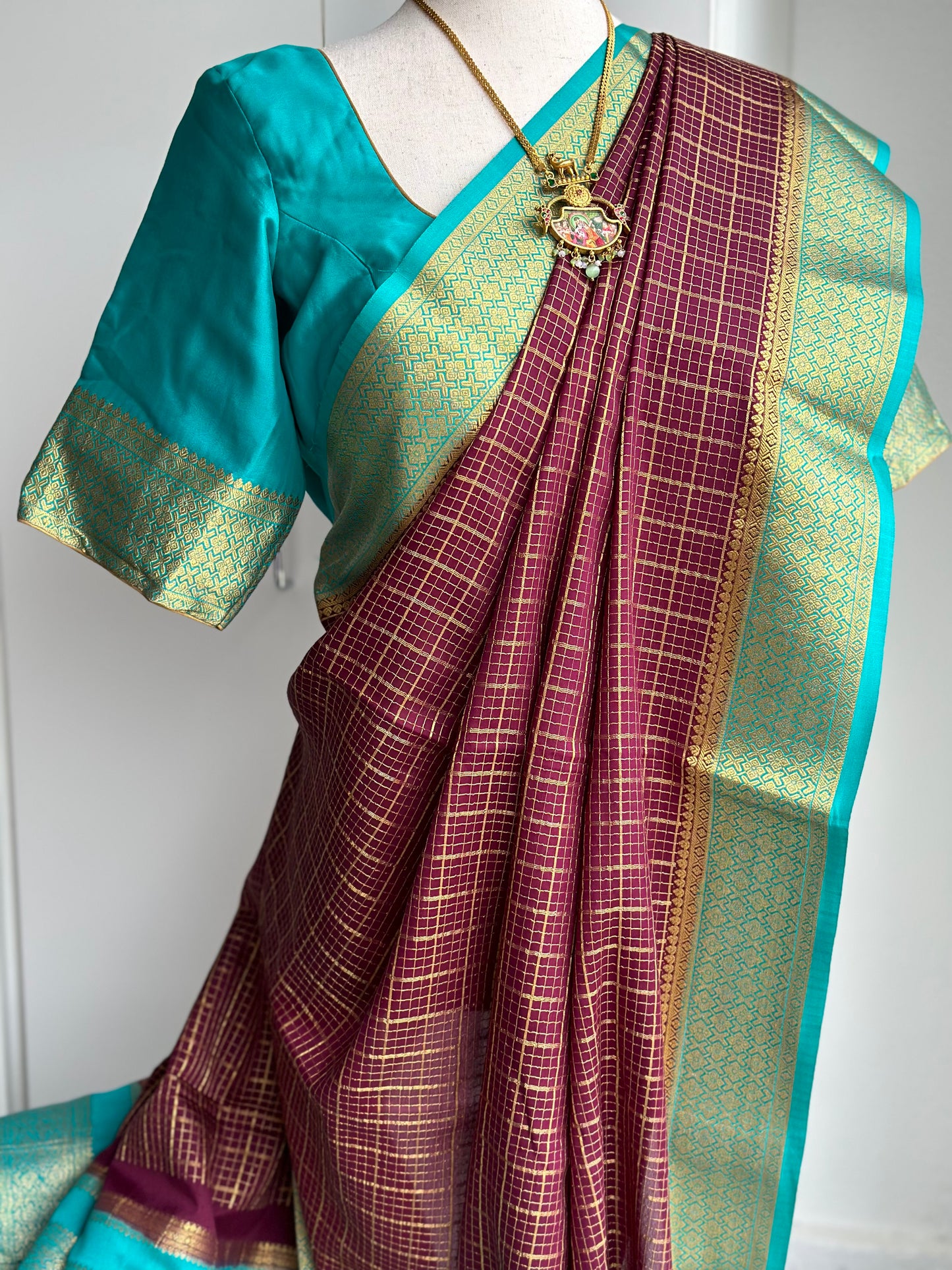 Blue & pink Mysore crape silk saree | Silkmark certified saree
