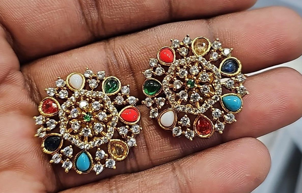 Multicolour & AD Big Size Studs | Indian Earrings | Gift Idea | Navratan Earrings