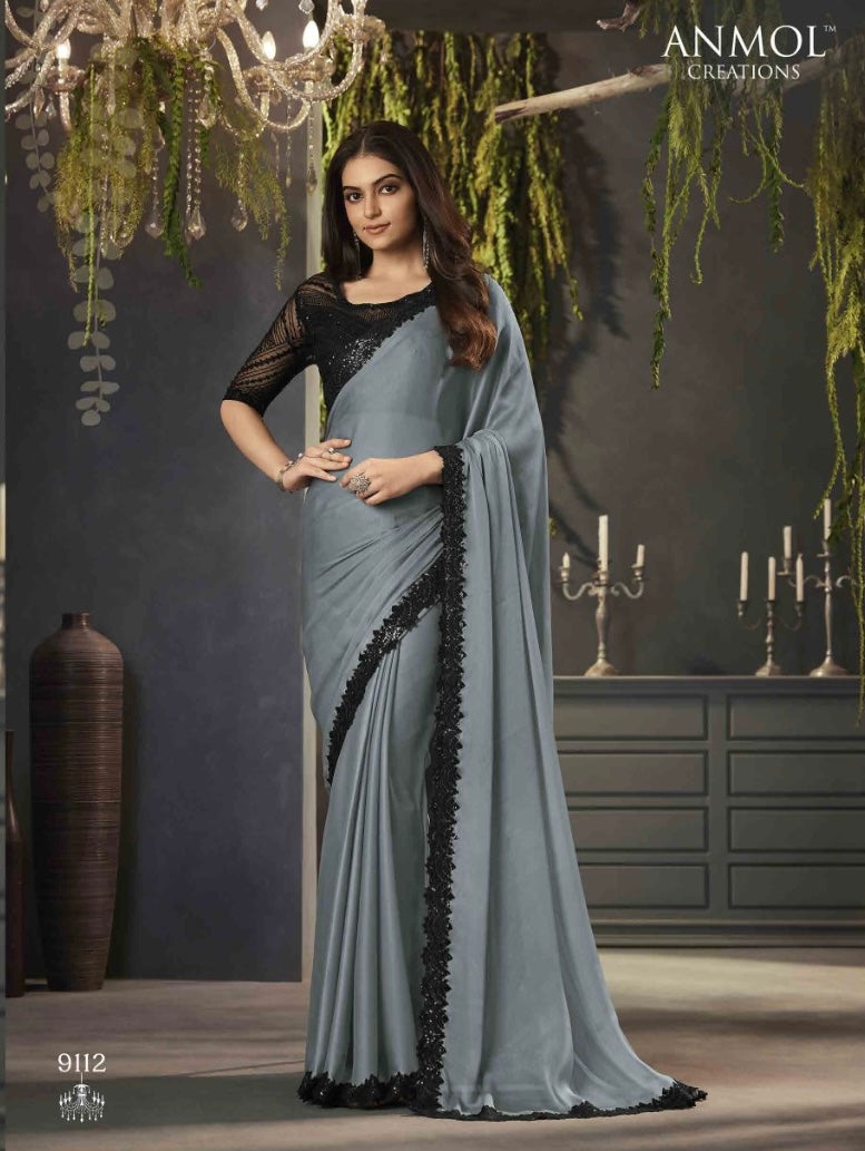 Satin shimmer saree | Grey fancy saree | Party wear saree