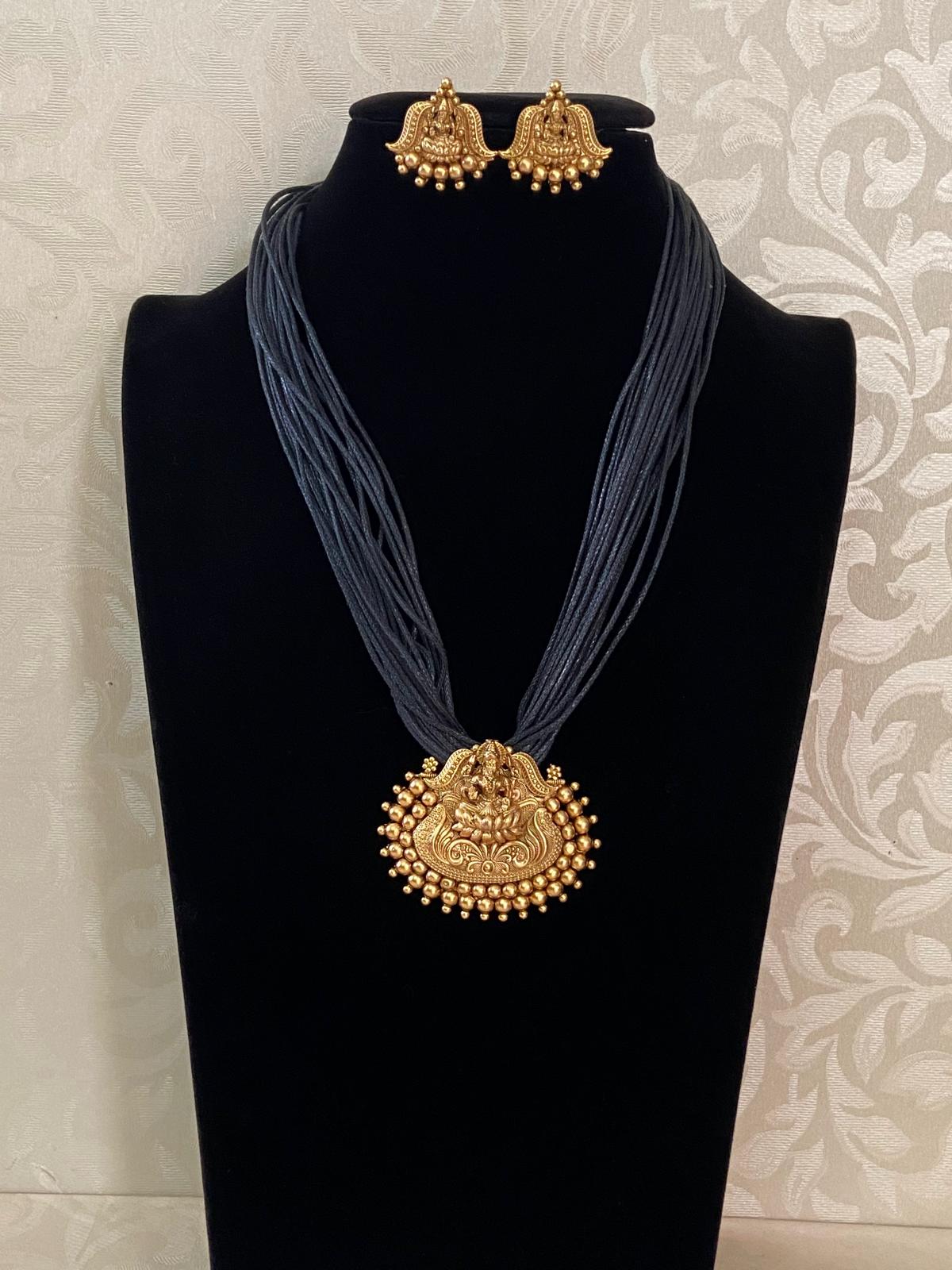 Antique Lakshmi pendant Thread Necklace Set | Indian Necklace