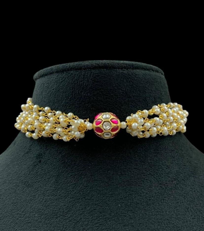 Jadau Kundan Ball Pendant Pearl Choker |  Beads Choker In Indian Jewelry