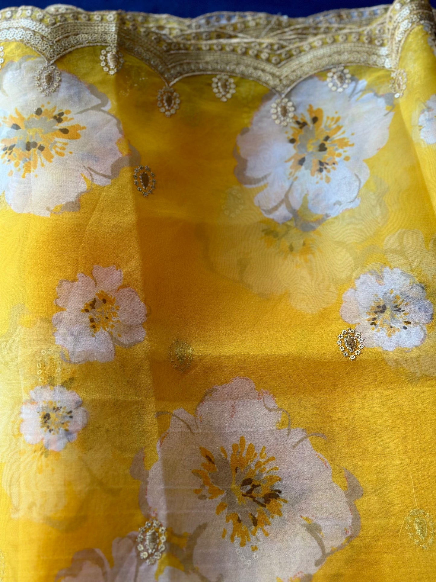 Pure organza printed dupatta | Yellow dupatta