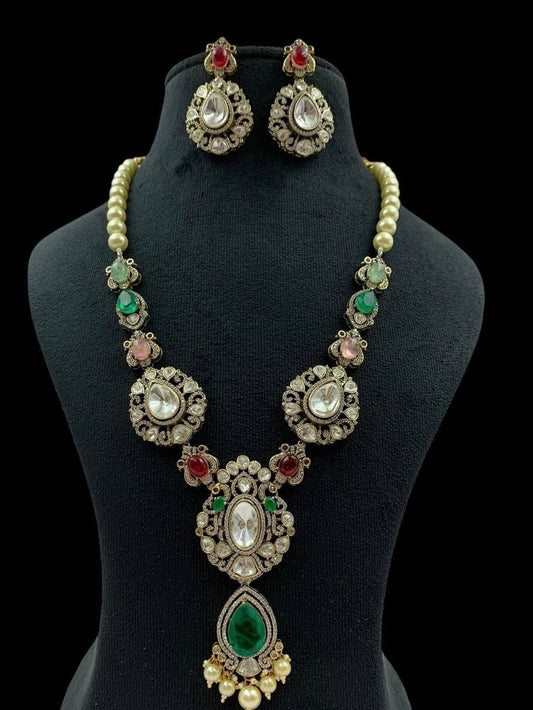 Moissanite Kundan & Pearl Necklace With Earrings
