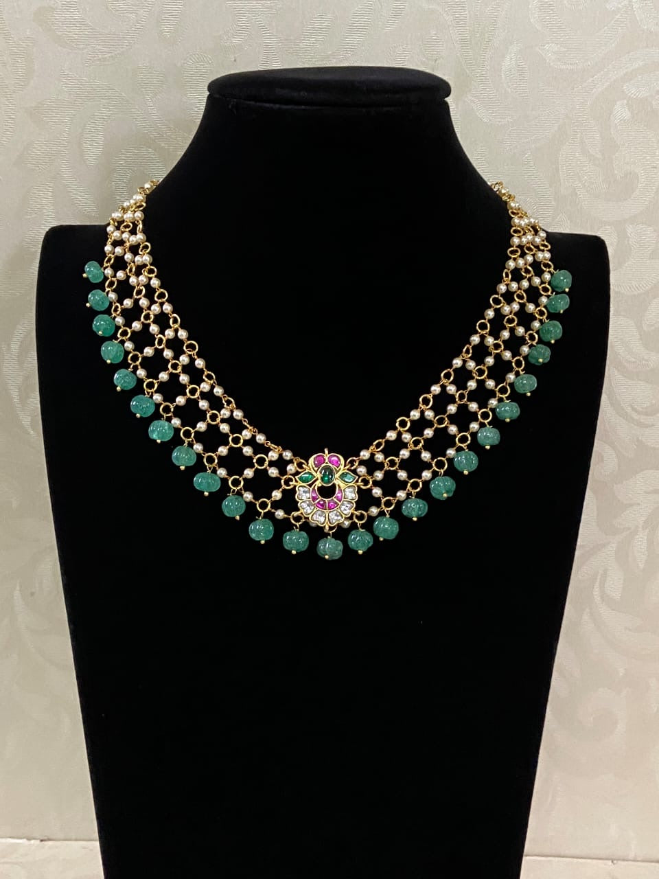 Jadau Pendant Pearl Jalli Necklace | Traditional Necklace